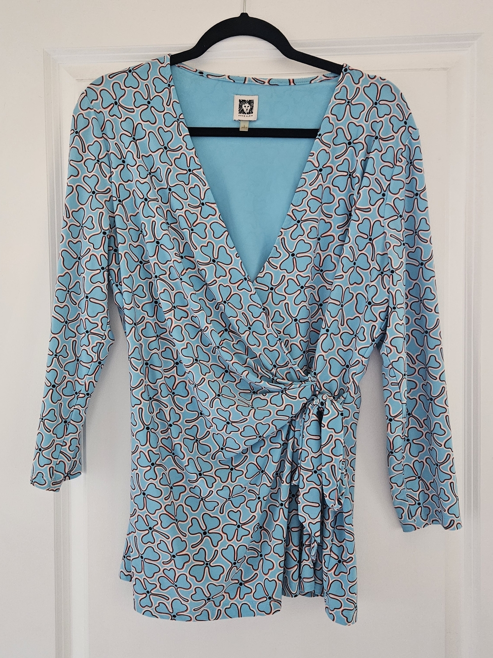 Anne Klein Light Blue Patterned Wrap Blouse- Size Large